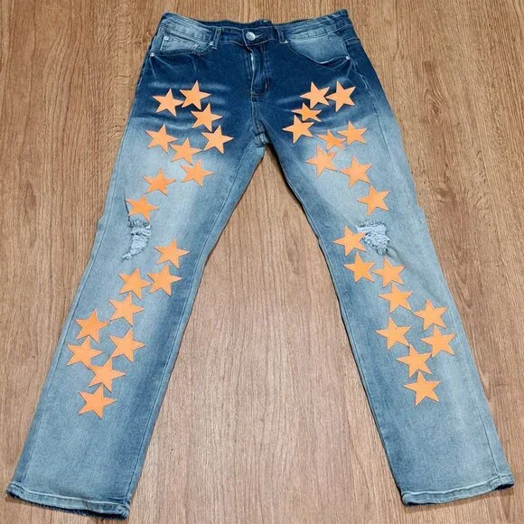 DD2 Faux Leather Orange Applique Star Distressed Denim Men's Size 30 - Picture 1 of 10